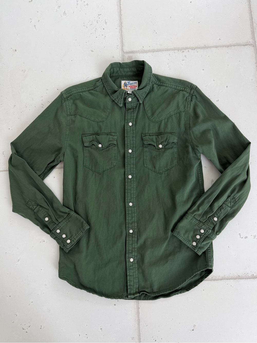 Denim Long Sleeve Pearl Snap in Hunter Green Denim